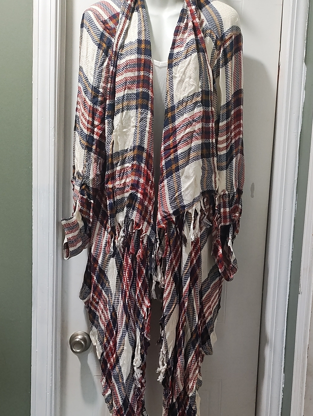 Natural Reflections Plaid Asymmetrical Fringe Wrap — Cream, Red & Navy